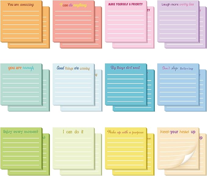 Yinder 24 Pcs Inspirational Sticky Notes Cute Motivational Sticky Notes Pad End of Year Employee Appreciation Gifts Bulk for Teacher Nurse Coworkers Office Supplies 3 x 3'' (Inspirational,Light Color)