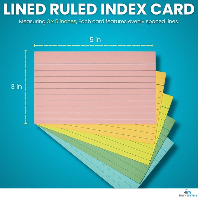 1InTheOffice 3x5 Ruled Index Cards, Assorted Pastel Colors, 300 Pack