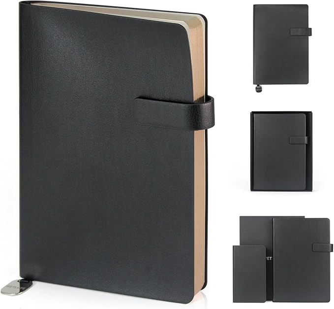Soft Cover Journal - 5.7"x 8.4" - 180° Flat Design, Gold Edge Design,Bookmark Ribbon for Office, Study and Travel - Gift for Writers and Students, elegant hangtag detail, with box(Black)