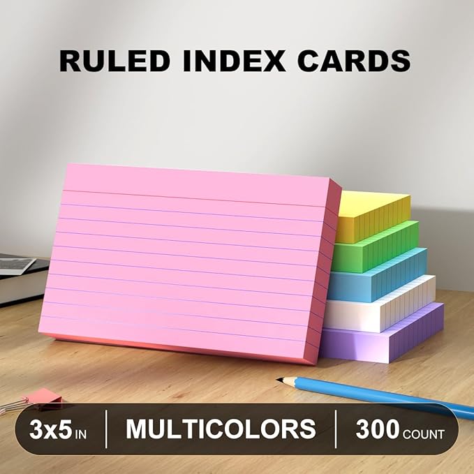 300 Count Note Cards 3x5 Index Cards Lined Colorful Notecards Bulk Flashcards for Studying 3 x 5 Index Cards Ruled Notecards Multicolored Flash Cards for Notes Office School, 6 Pack of 50 Sheets