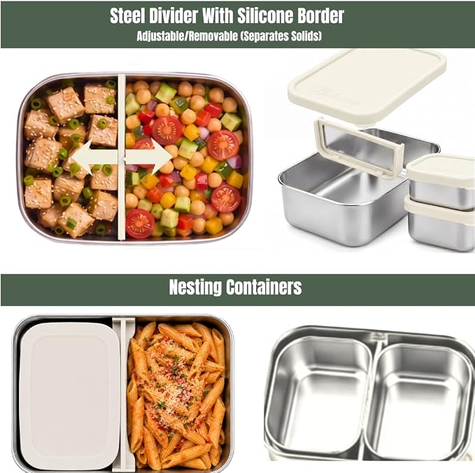 Modaniam Flexibento - 40 OZ Set -Leak proof Stainless Steel Lunch Box Containers, Lunch Containers with Silicone Lids,Steel Bento Box,Metal lunch Box, Vanilla set of 3, 1 * 40OZ + 2 * 9 OZ