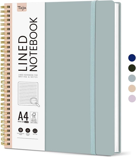 Taja Spiral Lined Notebook, 8.5"x11" Notebooks for Work, Large A4 Journal for Women & Men, College Ruled Journaling Notebook for Writing, Plastic Cover Spiral Journal, Airy Blue