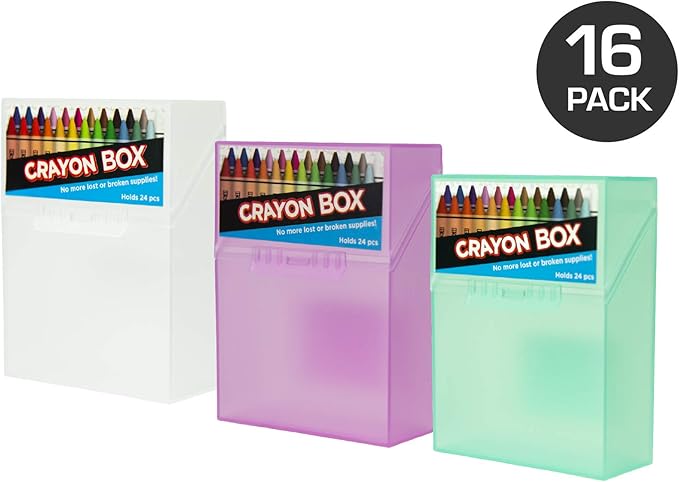 It's Academic Crayon Box with Hinged Lid and Snap Closure, Clear, Purple, and Green Plastic, 16-Pack (Colors May Vary)