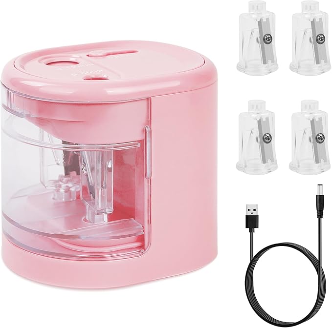 AUAUY Automatic Electric Pencil Sharpener with 2 Hole Sizes, Battery Operated with 4 Knife Holders & Charger, for Standard & Makeup Pencils (Pink)