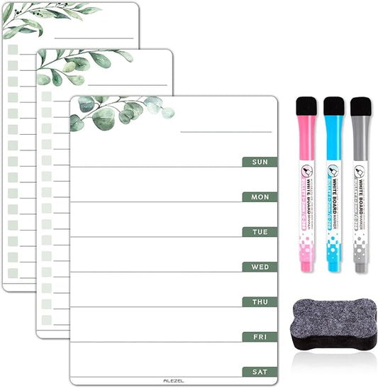 ALEZEL Weekly Calendar Whiteboard for Refrigerator, Magnetic Weekly Planner for Fridge - Set of Greenery Dry Erase Menu Board & 2 to Do List, 3 Markers + Eraser