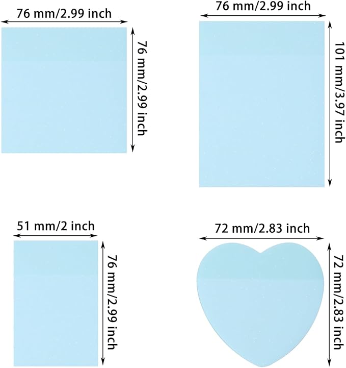 ONLYKXY 4Pack Mixed Shape Transparent Sticky Notes for Annotating,Glitter Pastel Color Waterproof Index Sticker Self-Stick Book Tabs 200Sheets Soft PET Marker Memo Pad for Home School Office (Blue)