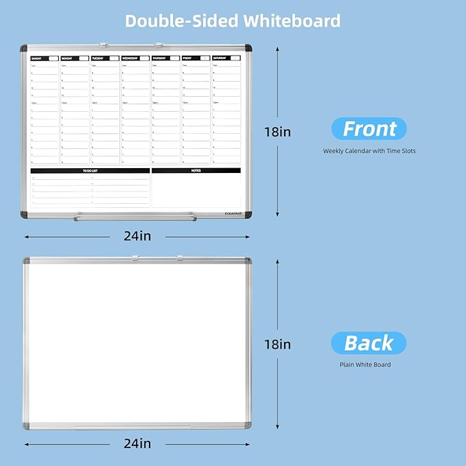 Weekly Dry Erase Board, Weekly Planner whiteboard with Hourly time Slots, Whiteboard Weekly Calendar for Schedule for wall 24" X 18" Double-Sided for Office, Home and School