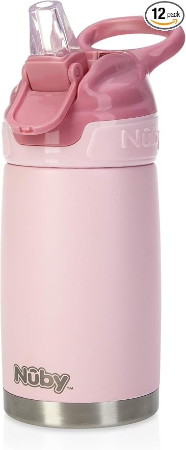 Nuby Thirsty Kids No Spill Flip-It Reflex Stainless Steel Travel Cup or Water Bottle - 10 Oz - 18+ Months - Pink - Back to School Essentials,(Pack of 12)