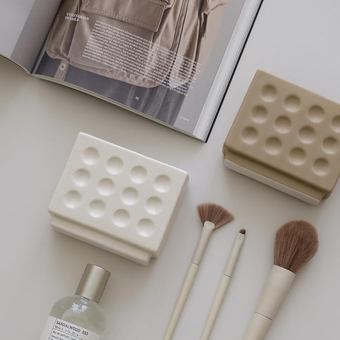 Abstract Square Face Pen Holder, Modern and Minimalistic Desk Accessories (Matte Crème)