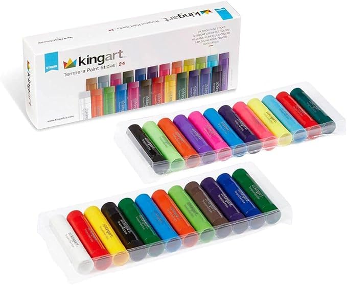 KINGART TEMPERA PAINT Sticks, Set of 24 Rich Colors, Solid Tempera Paint, Super Quick Drying, Non-Toxic, Work Great on Paper, Canvas, Wood, Glass and more