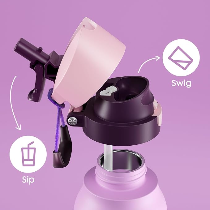 Meoky 24 oz Stainless Steel Slim Water Bottle: 2-in-1 Locking Lid, Lavender | Leak Proof, Straw and Spout, 24 Hours Cold, Top Handle, BPA Free, Insulated Water Bottle for Women Sports Travel Gym