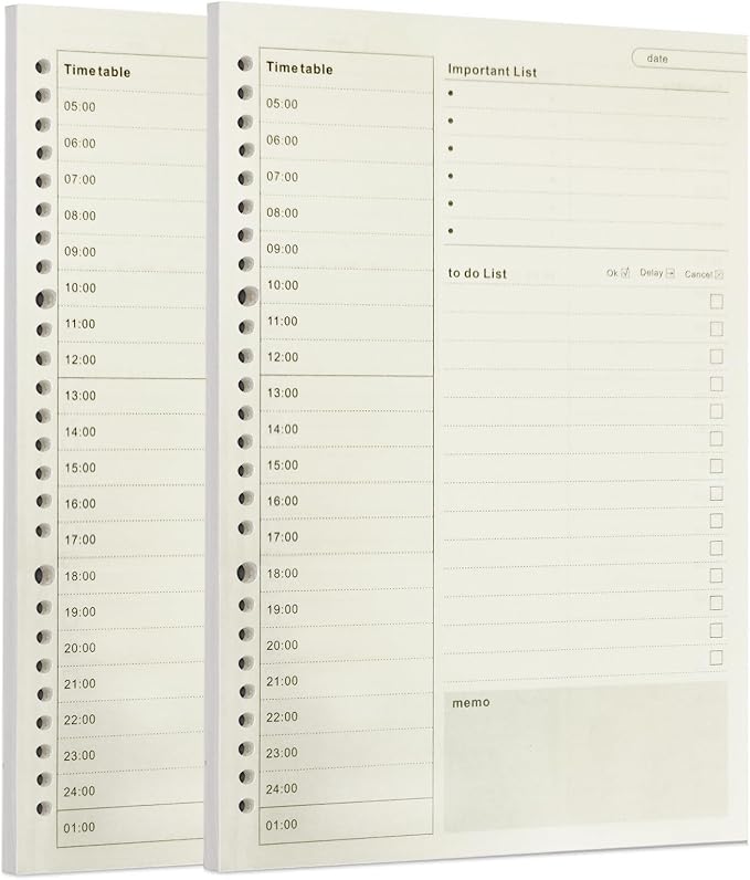 Zelten 2 Pack B5 120 Sheets/240 Pages Time Plan Loose Leaf Punched Paper Refills Paper for 26 Hole Binder Personal Organizer Diary Notebook Refillable Planner