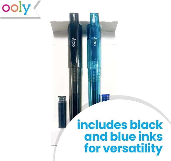 Ooly Splendid Duo Fountain Pens: Black & Blue Inks - Set of 2 Pens & 4 Cartridges, School Supplies