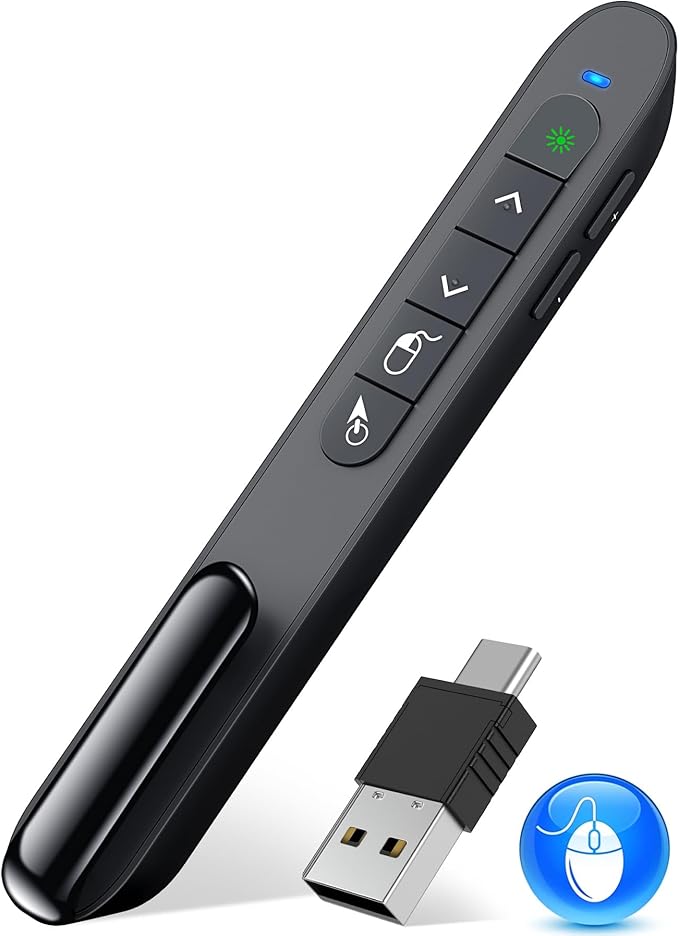 USB Type C Wireless Rechargeable Presenter Remote with Air Mouse, Green Light, Volume Control, Presentation Clicker PPT Pointer 2.4GZ PowerPoint Clicker Slide Advancer for Window Mac Keynote Google