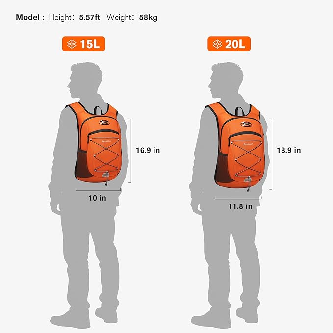 Ultra-Light Soft Daypack 15L/20L, Cushioned Breathable Back Panel Backpack, Lightweight Packable Travel Backpack (Orange, 20L)