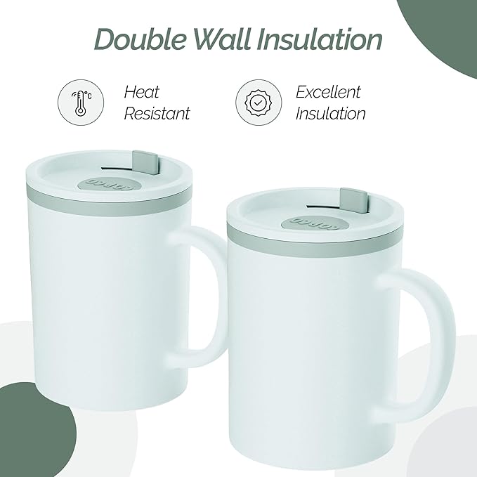Copco Iconic 16oz Double Wall Insulated Desk Mug with Lid & Handle, Set of 2, BPA-Free Reusable Plastic, Spill-Resistant, Microwave & Dishwasher Safe, Wide Mouth (Grey)