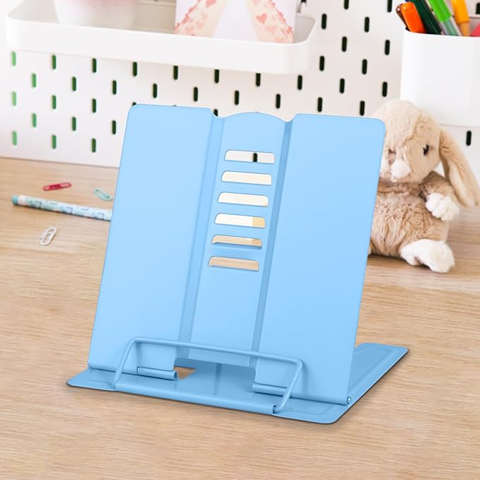 Honagu Metal Desk Book Stand, Adjustable Book Holder, Hands-Free for Reading, Document Holder, Cookbook Stand, Small Bookstands for Music Books, Textbooks, Recipe, Tablet, iPad (Light Blue)