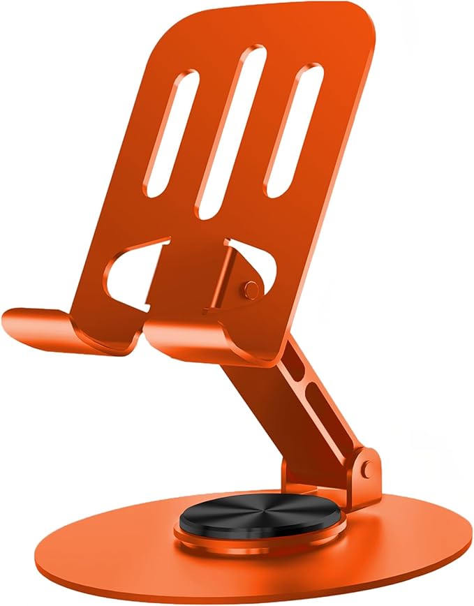 Universal Metal Cell Phone Stand, Multi-Angel Adjustable 360° Rotation Non-Slip Metal Phone Stand Compatible with iPhone 17 16 Pro Max and All Smartphones (Orange)