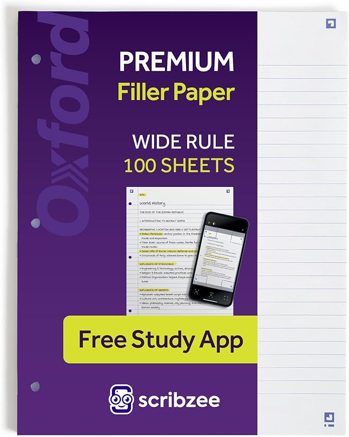 Oxford Loose Leaf Paper with Free Study App, 100 Sheets of Wide Ruled 8.5" x 11", 3 Hole Punched Notebook Paper, Ultra Smooth with No Ink Bleed-Through