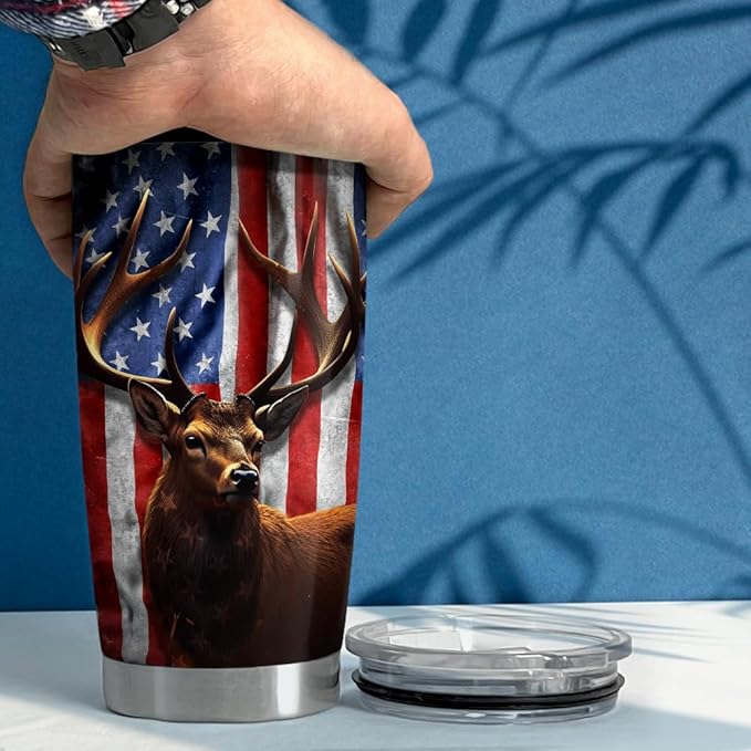 SANDJEST Hunting Tumbler Cup 20oz Deer Hunting Gifts for Men Hunters American Flag Stainless Steel Insulated Tumblers Coffee Travel Mug Hunter Gift for Birthday Christmas
