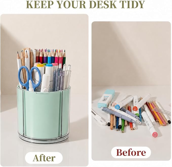 360° Rotating Pen Holder for Desk Adjustable Pencil Organizer, Green | Plastic Pen Cup for Women Cute Office Supplies and Accessories Desktop Storage Box Art Caddy for School, Work, Home
