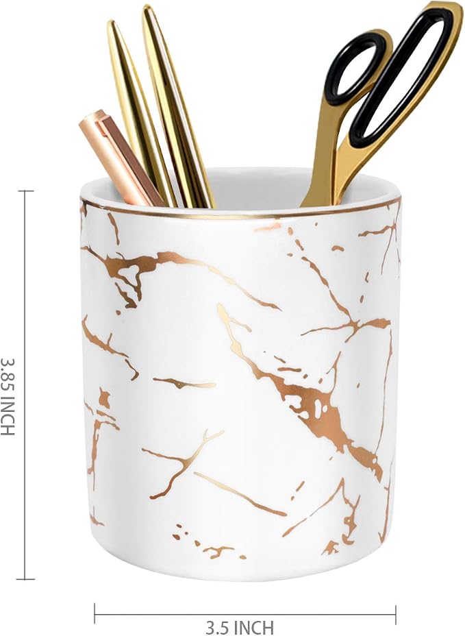 Pen Pencil Holder for Desk, Pencil Cup, Pen Pencil Stand Holder for Desk, Office Desk Organizer for Men Women Kids Ceramic Marble Makeup Brush Holder, White (Upgrade Style)
