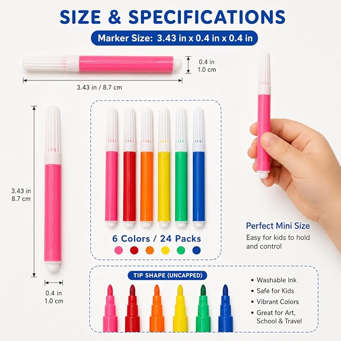 144 Pcs Mini Washable Markers for Kids, Bulk Markers 6 Assorted Colors
