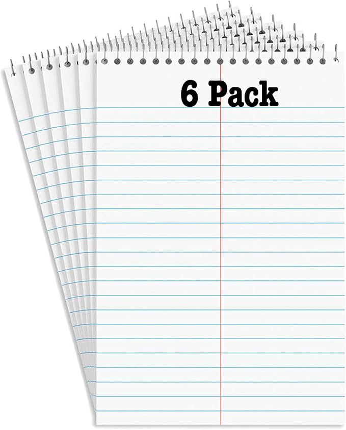 Manaloom Steno Pads Notebooks, Top Bound Spiral Steno Book -Stenos Note Pads Gregg Ruled, White, 80 Sheets Per Steno Notepad - 6 x 9 Inch - Great for Note-taking and Making To-do Lists - 6 Pack