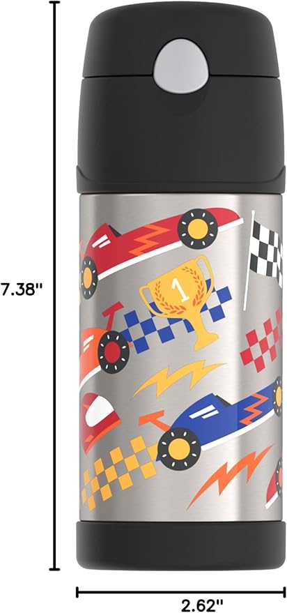 THERMOS FUNTAINER Water Bottle with Straw - 12 Ounce, Hot Rods - Kids Stainless Steel Vacuum Insulated Water Bottle with Lid