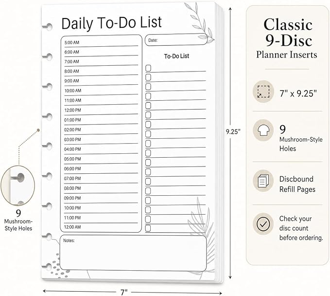 Classic 9-Disc Daily To Do List Planner Inserts, Discbound Undated Planner Refill Pages with Hourly Schedule, Checklist & Notes, 100 Double-Sided Sheets, 7 x 9.25 in