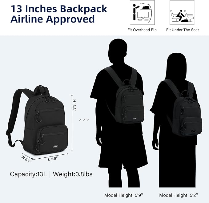 HanTrip 13 Inch Mini Small Travel Backpack Cary on For Women Men, Black | 13L Capacity, Lots of Pockets, Padded Shoulder Strap, Lightweight, Water Resistant, Bookbag for College, Commuter, Work