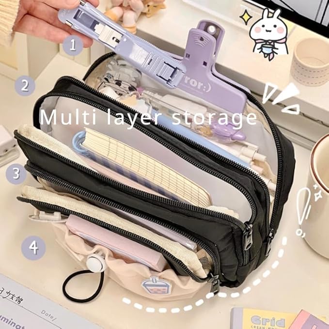 Cute Aesthetic Pencil Case Kawaii Pencil Case with Kawaii Pins Large Pencil Pouch Holder Preppy Supplies (black)