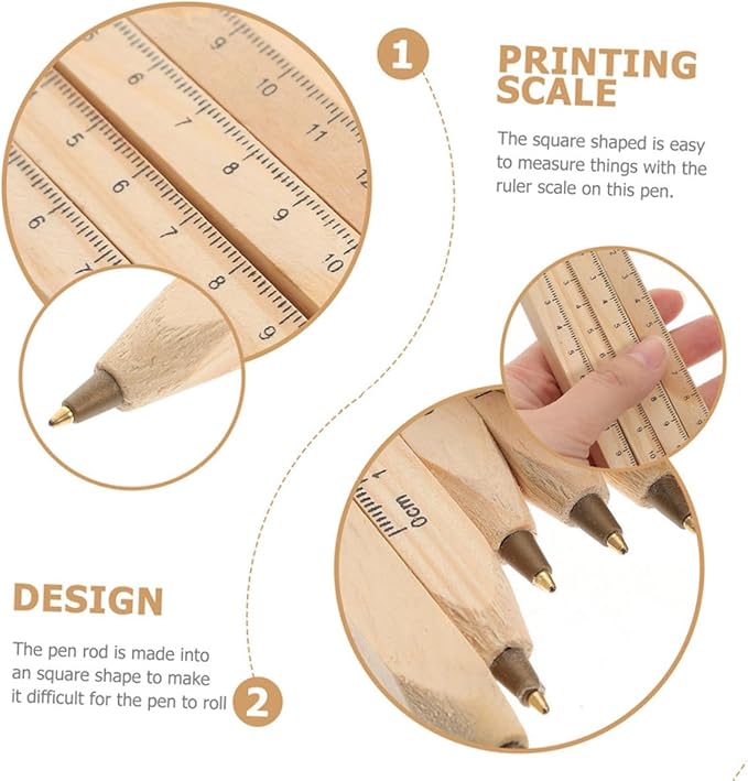 BETOOKY 6pcs Black Wood Ballpoint Pens with Ruler Printing, Natural Biodegradable Wooden Signature Pens for Carpenter Woodwork and Office Use