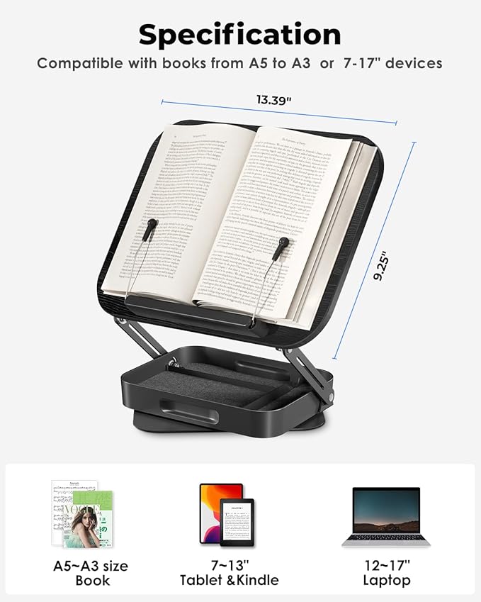 Viozon 360° Rotating Ergonomic Book Stand for Reading - Adjustable Wood Book Holder for Neck Pain Relief, for Heavy Textbooks & Cookbooks, No-Assembly Hands-Free Stand for Students & Home Office B