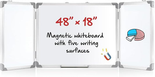 AmazingSpark 48” x 18” Foldable Whiteboard Dry Erase Board Large Tri Folding Whiteboard Magnetic Dry Erase Board, Wall Aluminium Frame and Flip Out Pen Tray for Office, Home