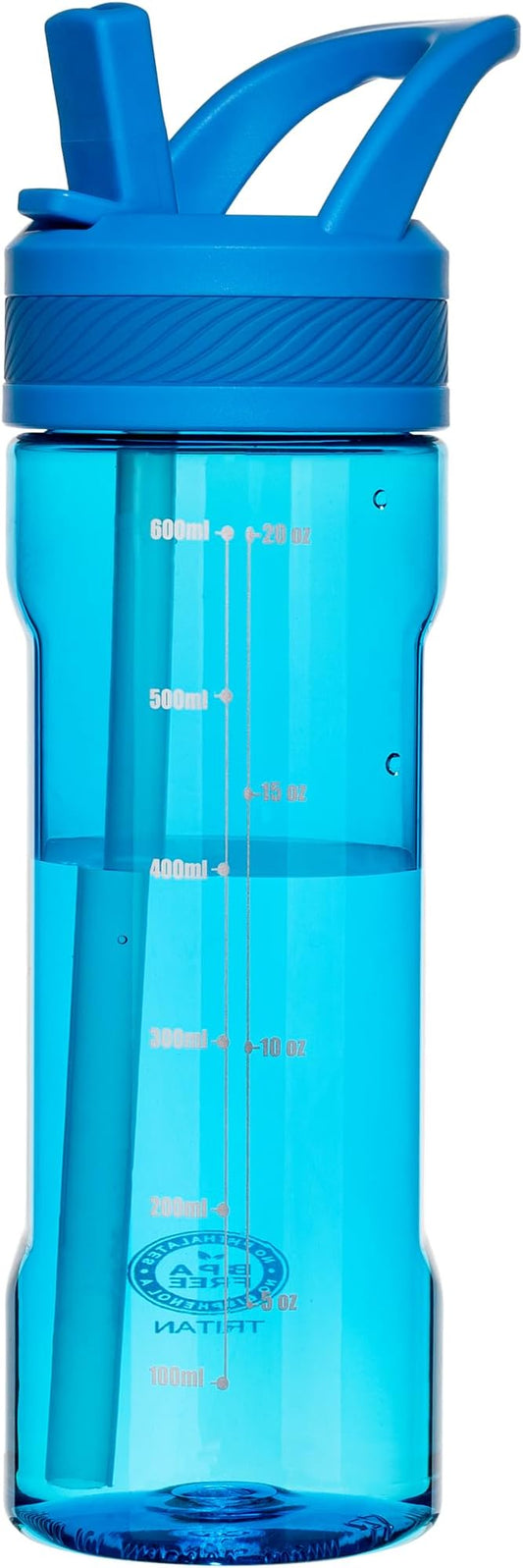 OLDLEY 20oz Kids Water Bottle with Straw, BPA-Free Tritan Water Bottle for School, Leakproof Clear Water Bottle with One Click Open, Measurement Scale, Cup Holder Friendly for Boys Girls,Blue