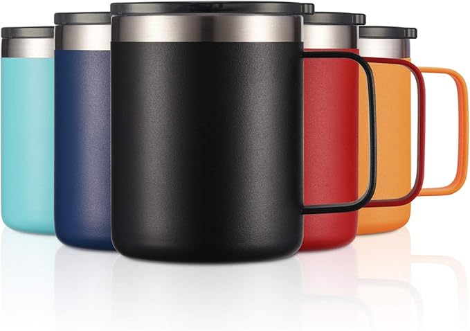 12oz Stainless Steel Insulated Coffee Mug with Handle, Double Wall Vacuum Travel Mug, Tumbler Cup with Sliding Lid, Black