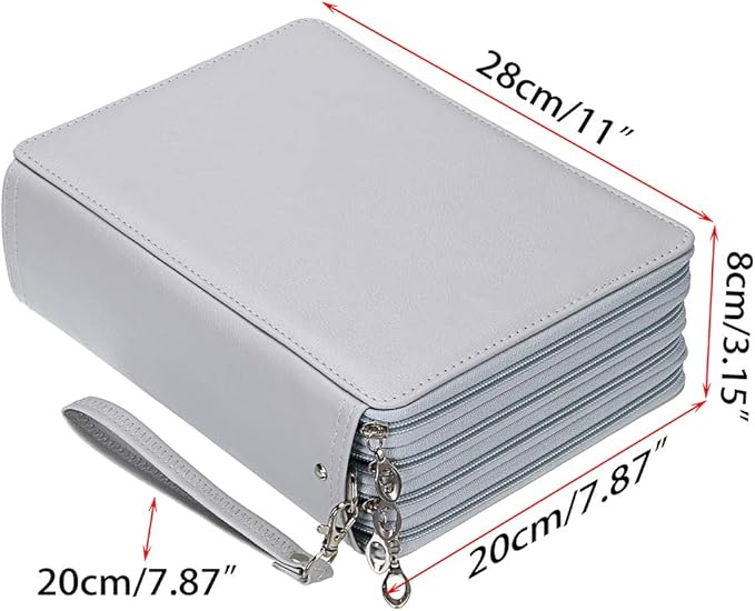 BTSKY 200 Slots Colored Pencil Organizer - Deluxe PU Leather Pencil Case Holder With Removal Handle Strap Pencil Box Large for Colored Pencils Watercolor Pencils Grey