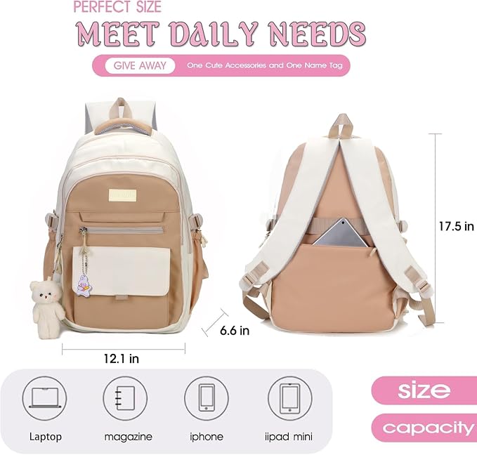 PRLINJSK Girls Backpack for College High Middle School Student, Cute Aesthetic Bookbag for Teens Women with Accessories,Khaki Beige