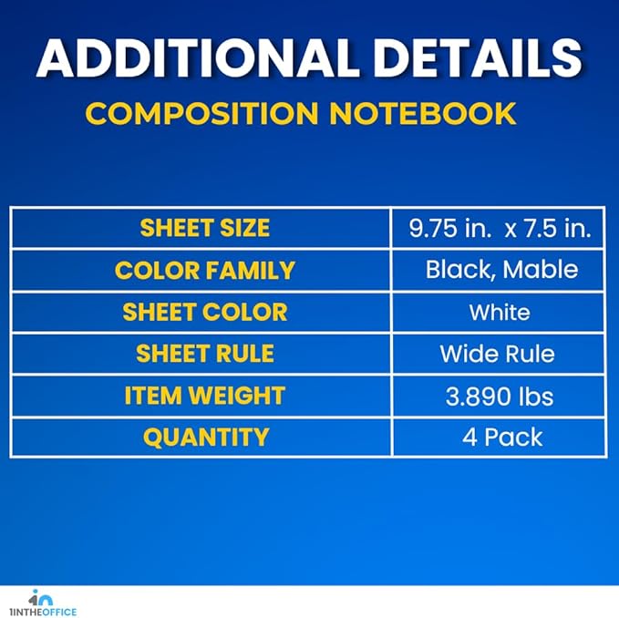 1InTheOffice Composition Notebook Wide Ruled, 1 Subject Notebook, Marble, 7.5" x 9.75", 100 Sheets, Black, 4 Pack