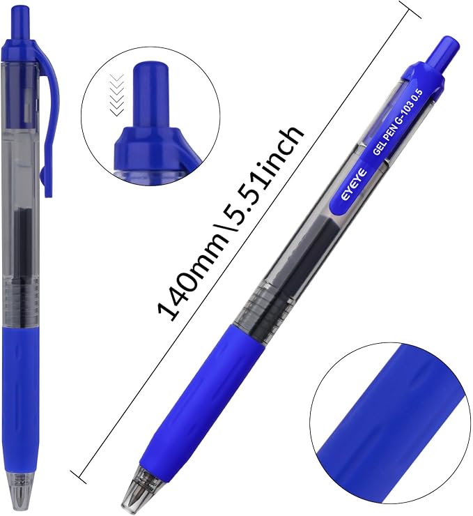 EYEYE G-103 Blue Gel Pens 15 Pack, Retractable, 0.5mm Extra Fine Point | Quick Drying, Ballpoint Pen Fine Point Smooth Writing Pens for Office Supplies, Black to School