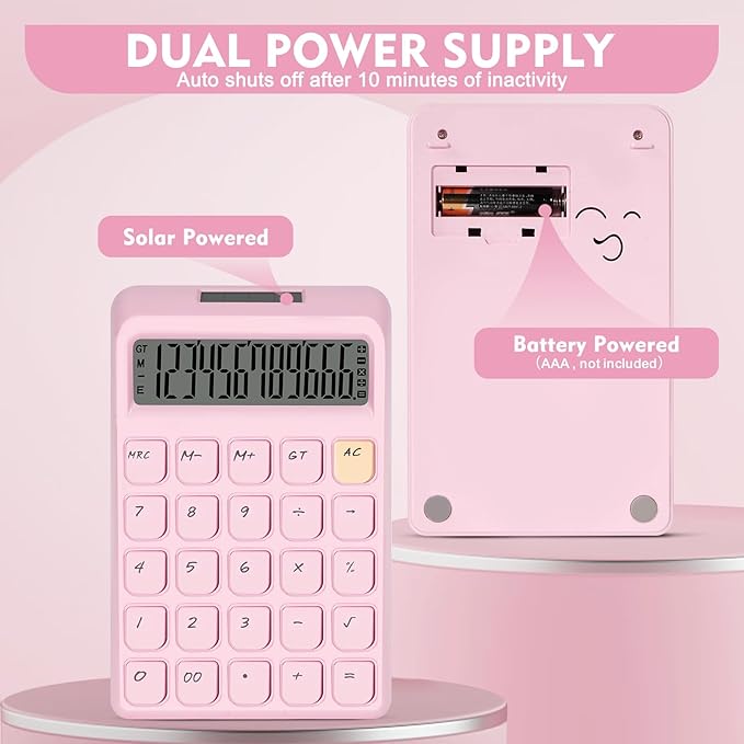 Cute Calculator, Calculators Desktop, Pink Calculator Big Buttons, Solar and Battery Dual Power, 12-Digits Large LCD Display, Desk Calculators for Office Home School Basic Business (Pink)