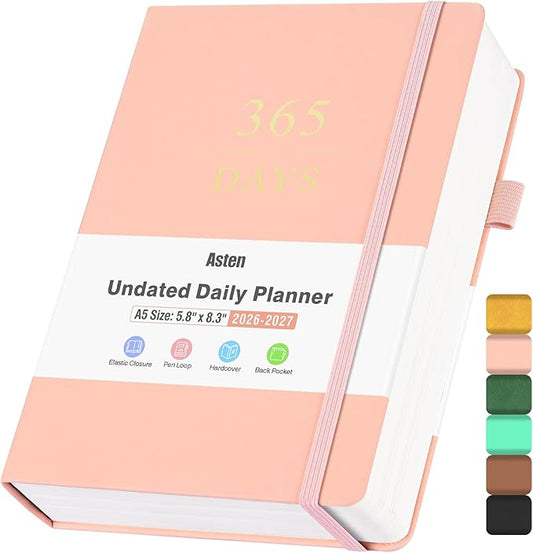 Undated Daily Planner 2024-2025, ADHD & Work Planner for Women & Men, Hourly Goal Setting, Hardcover, Start Anytime, A5, Pink