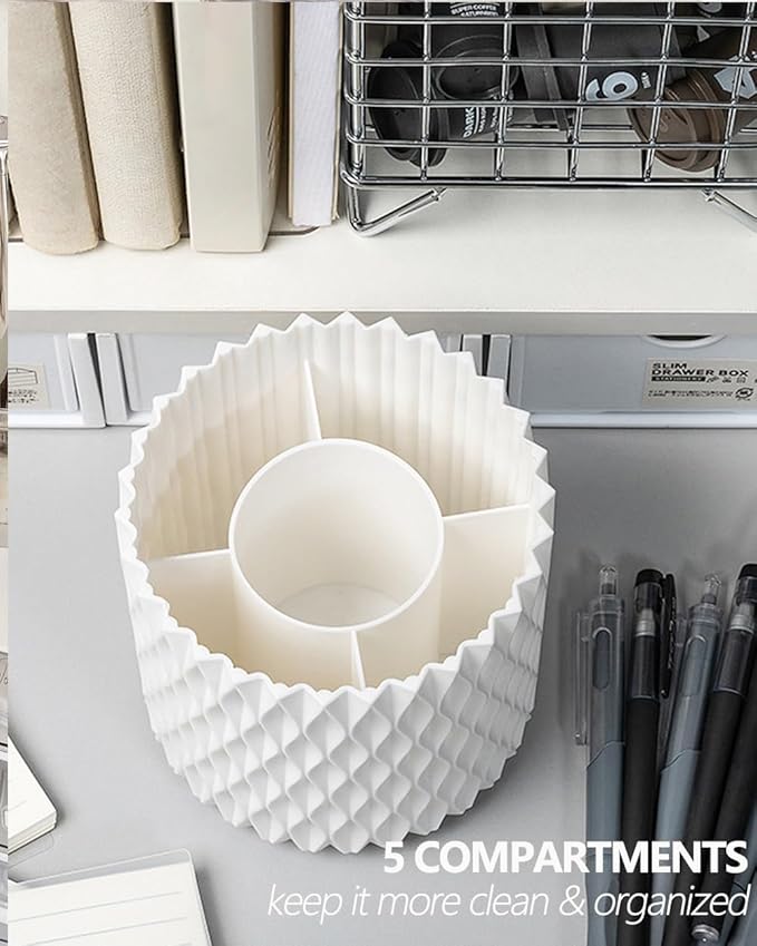 Lebenrich Rotating Pen Pencil Holder for Desk, 5 Slots Unique Grey Desk Pen Organizer Easthetic Desktop Supplies and Accessories for Women Girls, Pen Cup Pencil Caddy for Office Home Art Supply