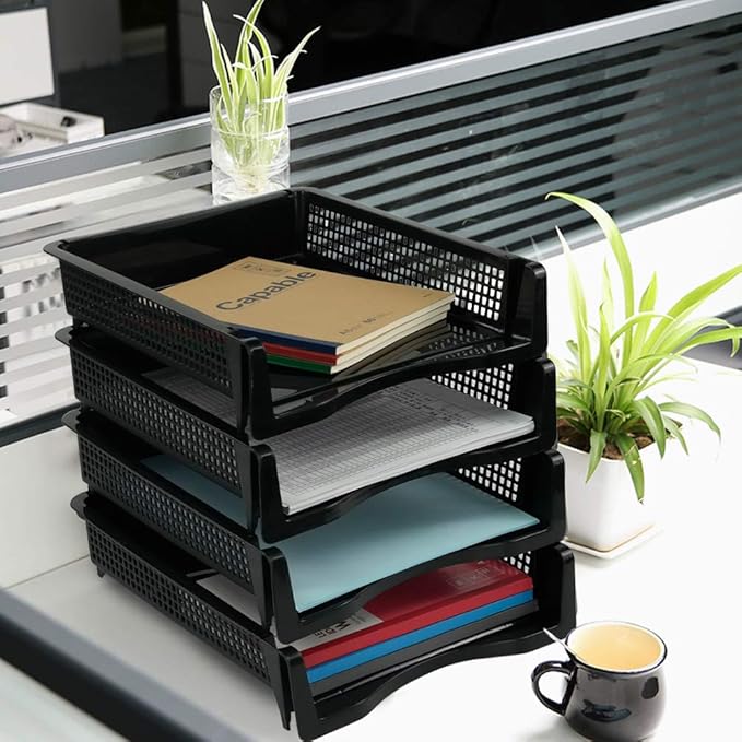 Stackable Paper Tray Set of 6, Black Plastic Letter Tray Basket
