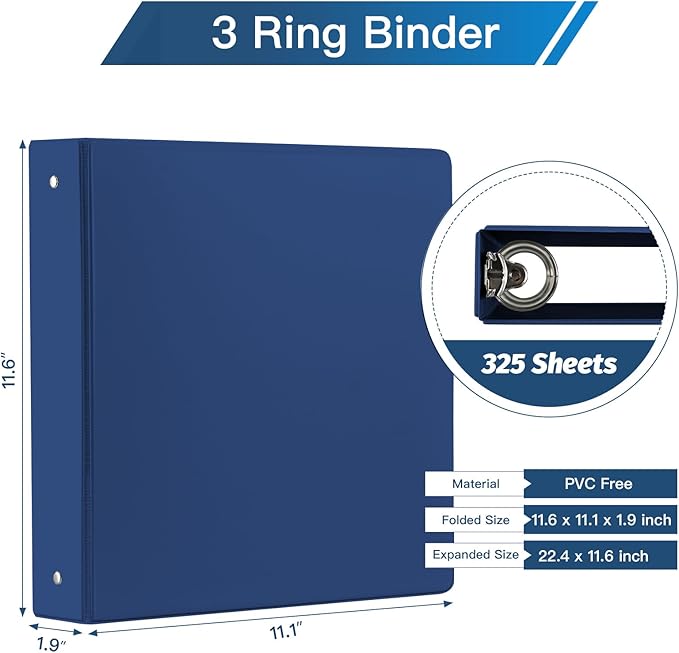 SUIN 1.5-Inch 3-Ring Binders with 2 Interior Pockets, Premium Clear View Presentation Binder Holds 325 Sheets Letter Size, Office School Home,6 Pack