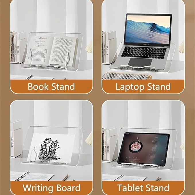 Acrylic Book Stand for Reading, Adjustable Book Holder & Tablet Stand, Portable Page Holder for Cookbooks, Textbooks, Notebooks, Recipes (L (11.8 * 15.4 inch))