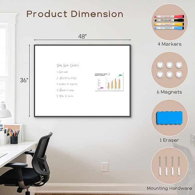 Large Whiteboard for Wall, 48'' x 36'' Big Magnetic Dry Erase White Board, Hanging Black Aluminum Frame Wipe Board for Home, Office, School