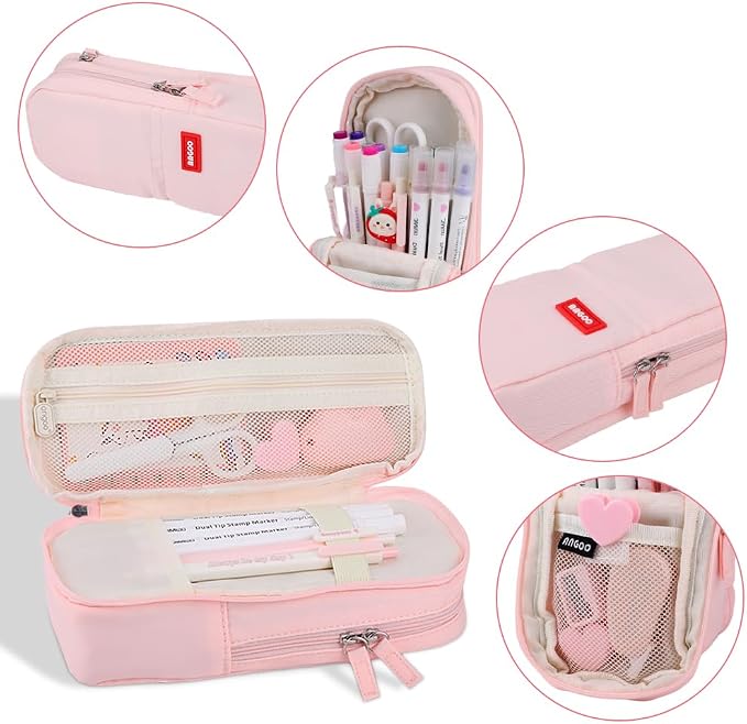 iSuperb Standing Pencil Case 2 Compartments Pencil Pouch Magnetic Mobile Phone Holder Bracket Pen Bag Large Capacity Phone Pouch College Stationery Organizer Storage for Kids Boys Girls