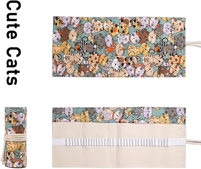 DIYOMR 12/24/36/72 Slots Pencil Wrap Pencil Rolls, Artist Colored Pencil Roll Up Bag Short Brush Pouch Case Pencils Organizer for Drawing Coloring and Sketching, No Pencils (Cuddly Cat, 12slots)
